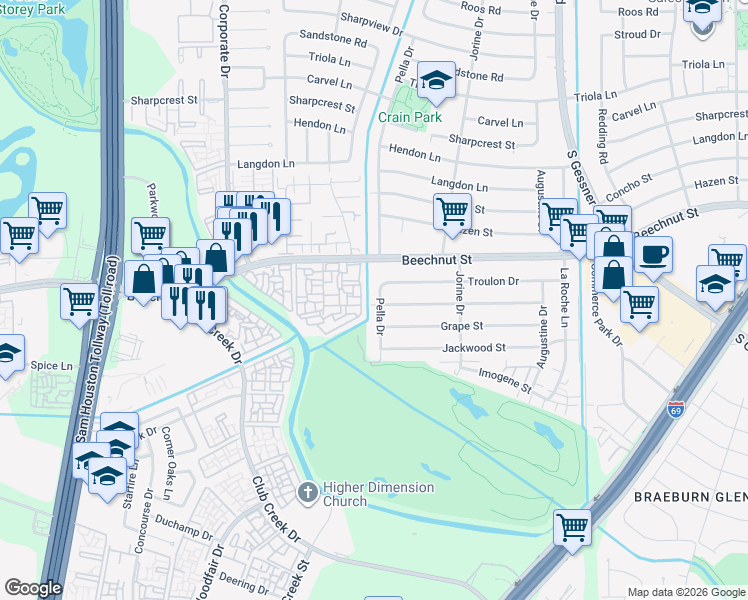 map of restaurants, bars, coffee shops, grocery stores, and more near 9127 Pella Drive in Houston