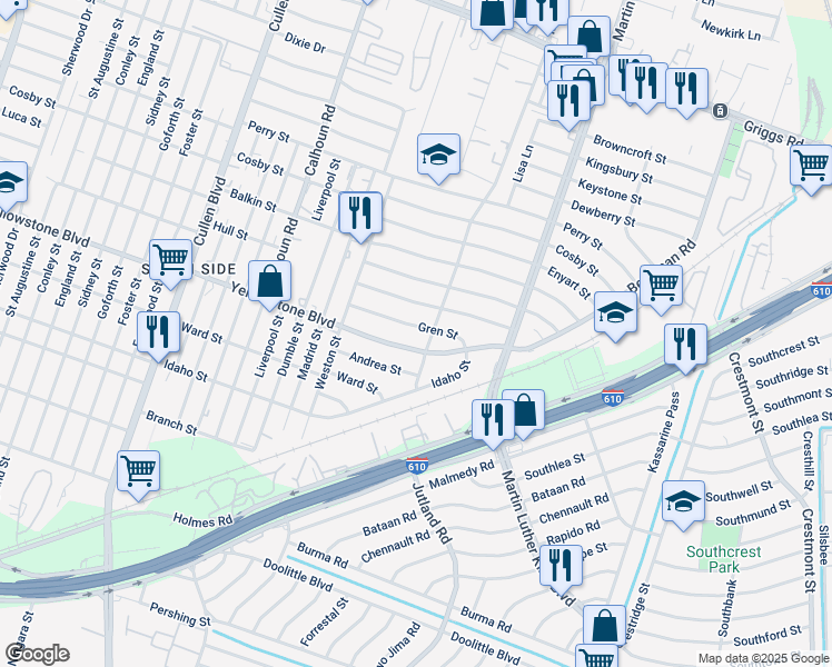 map of restaurants, bars, coffee shops, grocery stores, and more near 5011 Gren Street in Houston