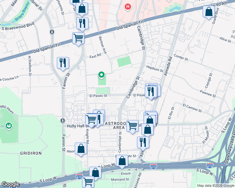 map of restaurants, bars, coffee shops, grocery stores, and more near 2021 El Paseo St in Houston