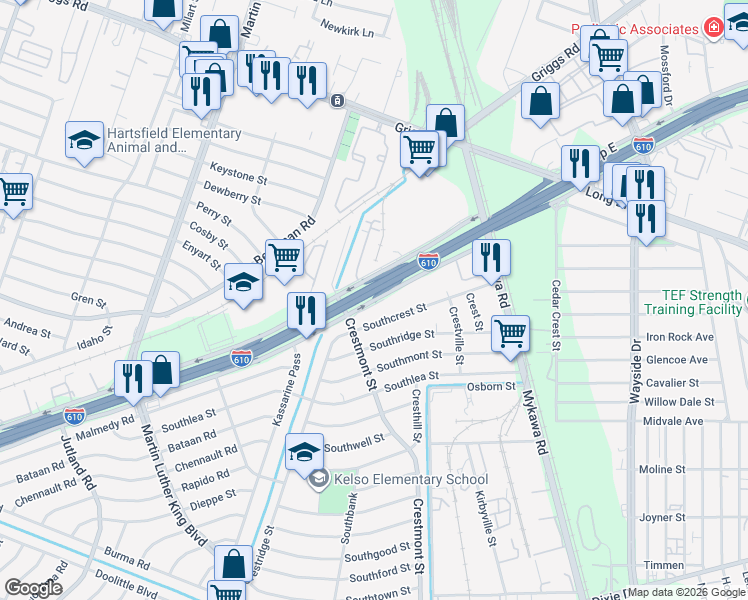 map of restaurants, bars, coffee shops, grocery stores, and more near 5901 South Loop East Freeway in Houston