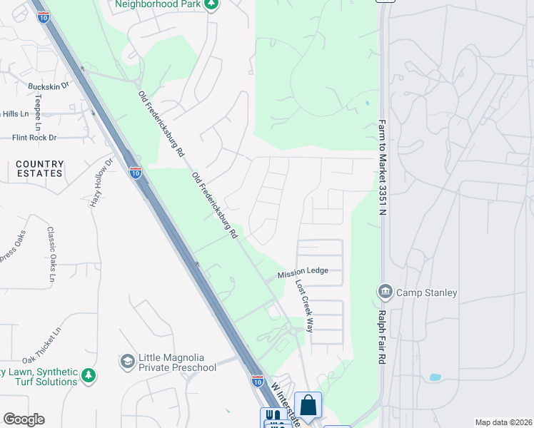 map of restaurants, bars, coffee shops, grocery stores, and more near 26041 Los Mirasoles in Boerne