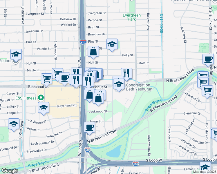 map of restaurants, bars, coffee shops, grocery stores, and more near 4607 Beechnut Street in Houston
