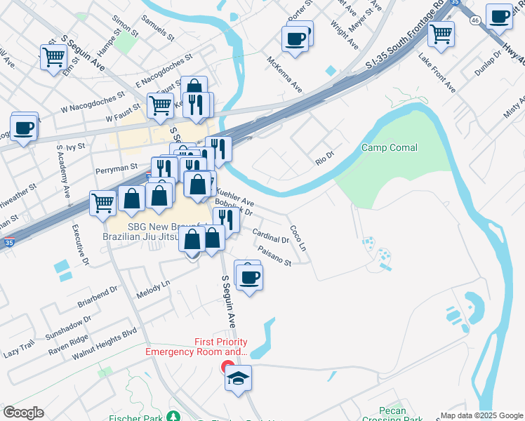 map of restaurants, bars, coffee shops, grocery stores, and more near 1750 Kuehler Avenue in New Braunfels