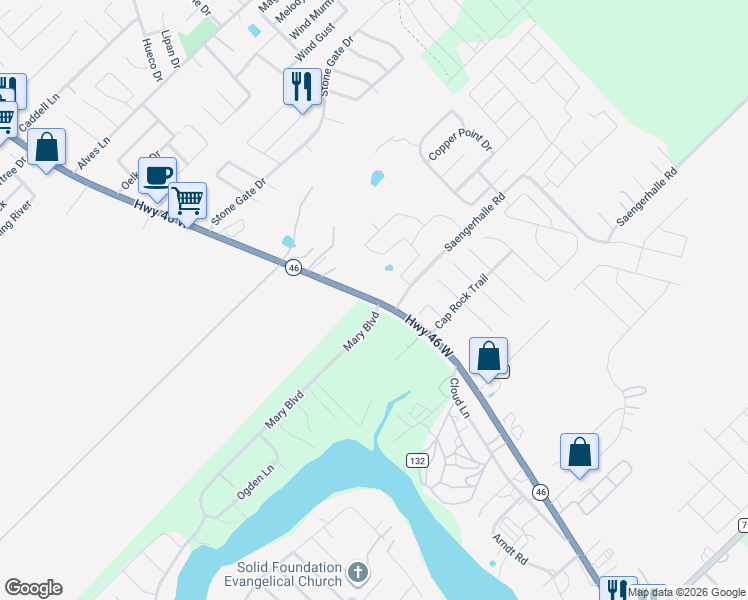 map of restaurants, bars, coffee shops, grocery stores, and more near 1275 Texas 46 in New Braunfels