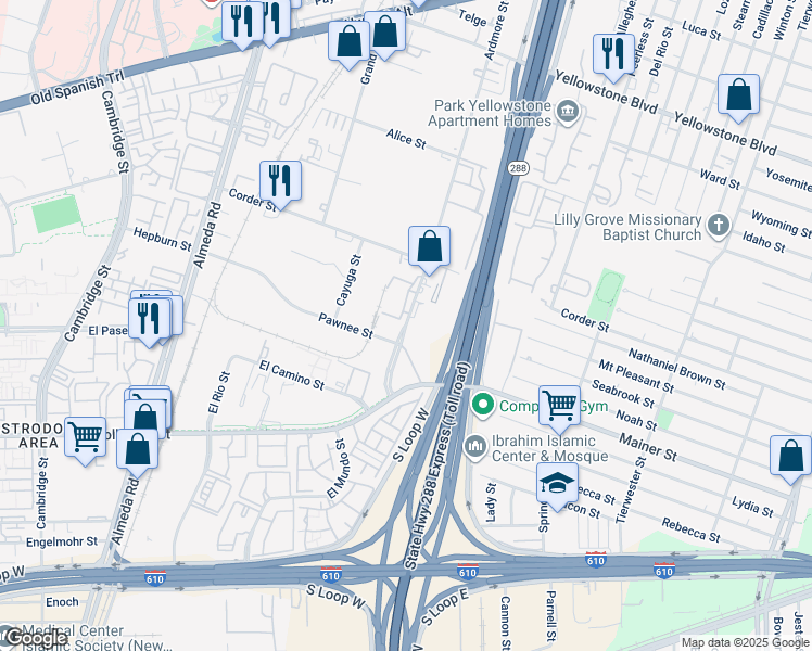 map of restaurants, bars, coffee shops, grocery stores, and more near 7379 Ardmore Street in Houston