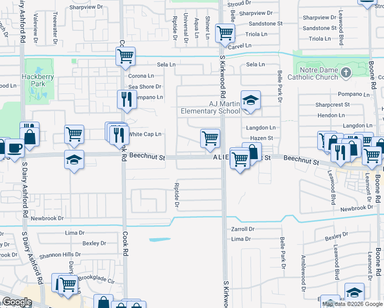 map of restaurants, bars, coffee shops, grocery stores, and more near 8111 Starfish Lane in Houston