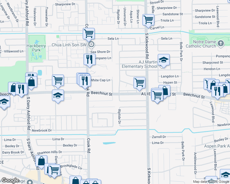 map of restaurants, bars, coffee shops, grocery stores, and more near 8125 Beech Cove Lane in Houston