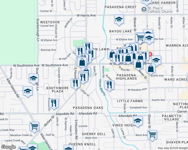 map of restaurants, bars, coffee shops, grocery stores, and more near 1400 Oaks Drive in Pasadena