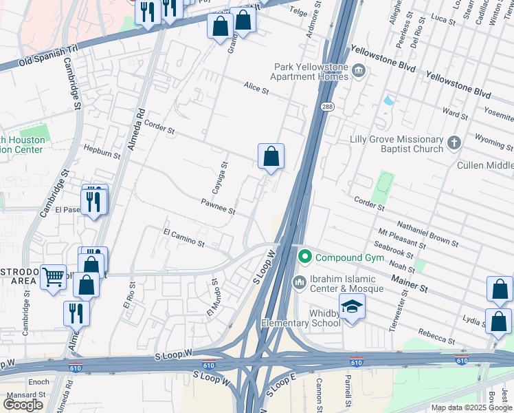 map of restaurants, bars, coffee shops, grocery stores, and more near 7377 Ardmore Street in Houston