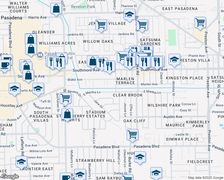 map of restaurants, bars, coffee shops, grocery stores, and more near 1805 East Martha Lane in Pasadena