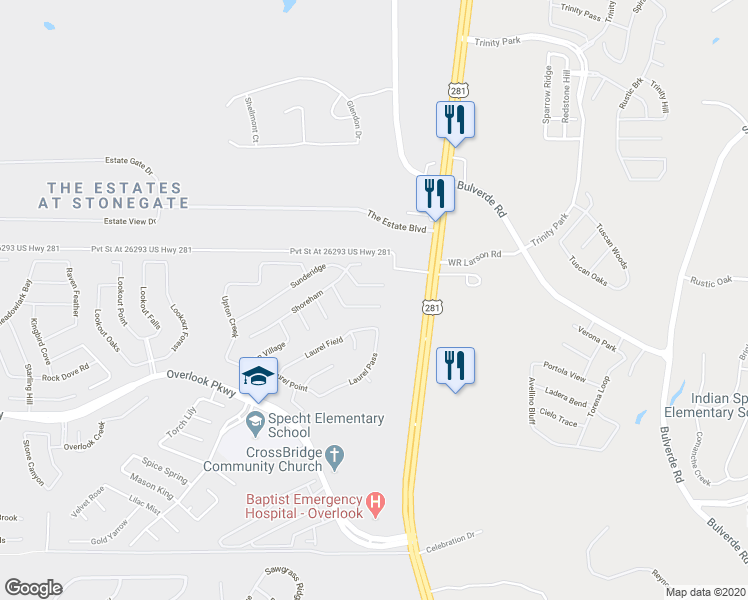 map of restaurants, bars, coffee shops, grocery stores, and more near 26116 Amber Sky in San Antonio