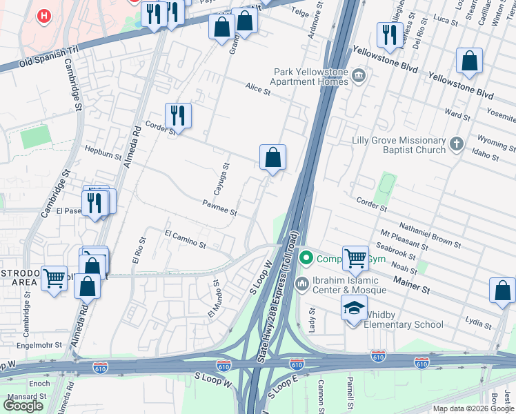 map of restaurants, bars, coffee shops, grocery stores, and more near 7380 Ardmore Street in Houston
