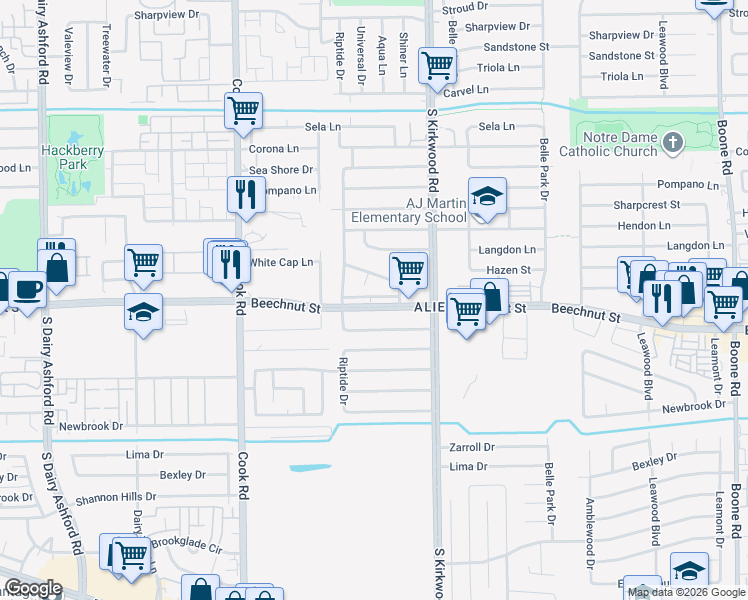 map of restaurants, bars, coffee shops, grocery stores, and more near 8111 Starfish Lane in Houston