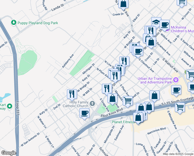 map of restaurants, bars, coffee shops, grocery stores, and more near 1854 West Bridge Street in New Braunfels