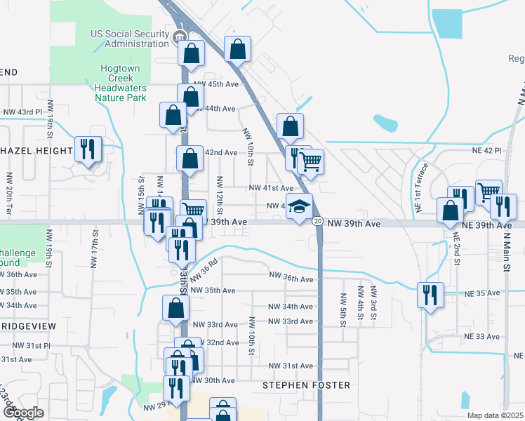 map of restaurants, bars, coffee shops, grocery stores, and more near 905 Northwest 40 Avenue in Gainesville