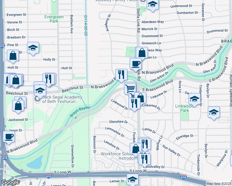 map of restaurants, bars, coffee shops, grocery stores, and more near 4065 South Braeswood Boulevard in Houston