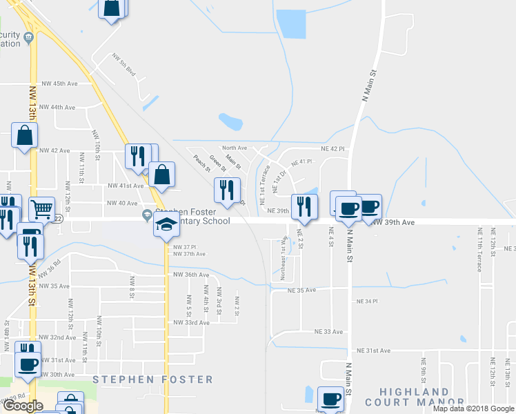 map of restaurants, bars, coffee shops, grocery stores, and more near 3918 Northeast 1st Terrace in Gainesville