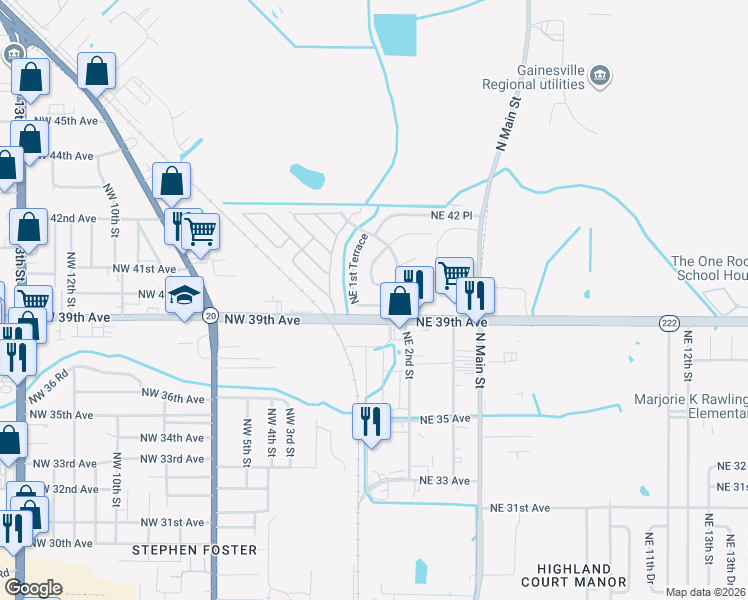 map of restaurants, bars, coffee shops, grocery stores, and more near 3931 Northeast 1st Terrace in Gainesville
