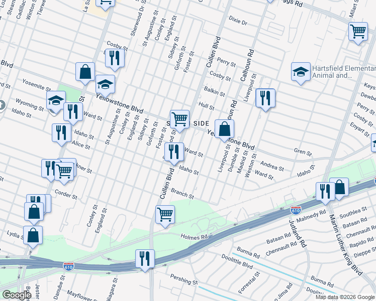 map of restaurants, bars, coffee shops, grocery stores, and more near in Houston