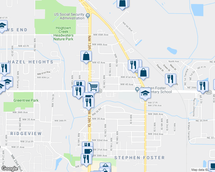 map of restaurants, bars, coffee shops, grocery stores, and more near 1111 Northwest 40 Avenue in Gainesville
