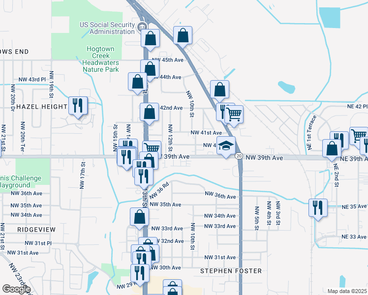 map of restaurants, bars, coffee shops, grocery stores, and more near 1008 Northwest 40 Avenue in Gainesville