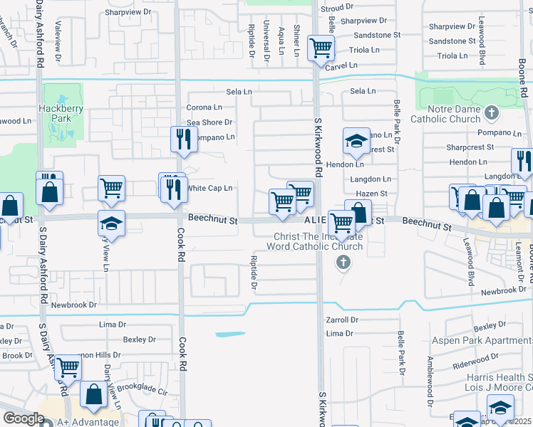 map of restaurants, bars, coffee shops, grocery stores, and more near 8111 Starfish Lane in Houston