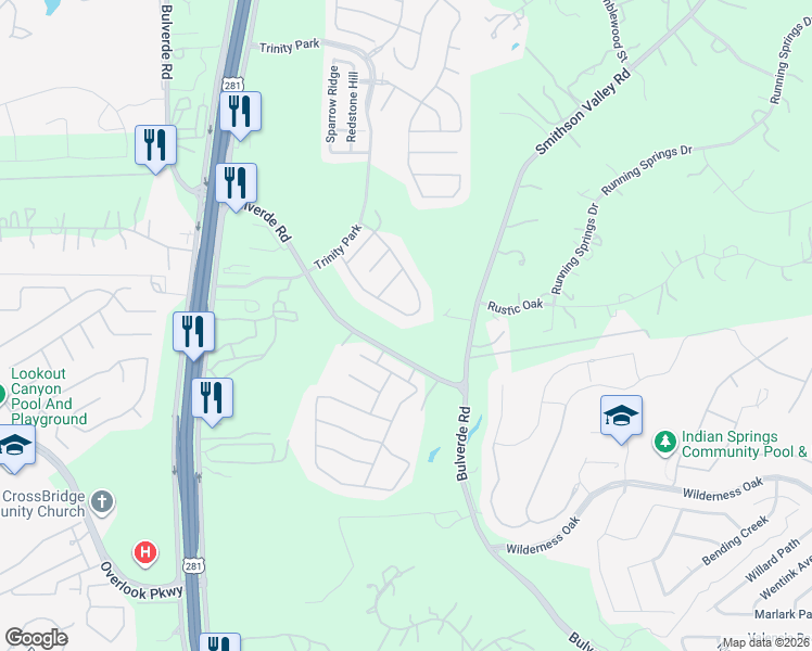 map of restaurants, bars, coffee shops, grocery stores, and more near 2631 Tuscan Oaks in San Antonio