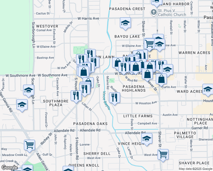 map of restaurants, bars, coffee shops, grocery stores, and more near 1502 Miami Road in Pasadena