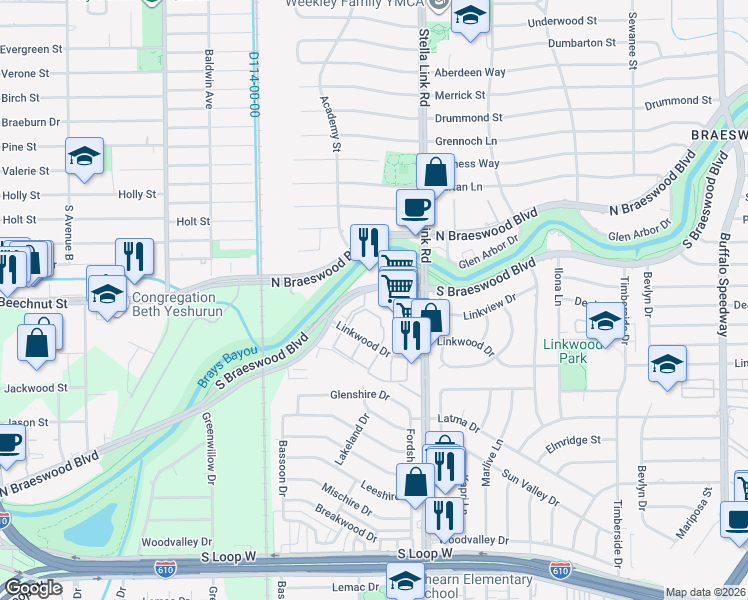 map of restaurants, bars, coffee shops, grocery stores, and more near 4055 South Braeswood Boulevard in Houston