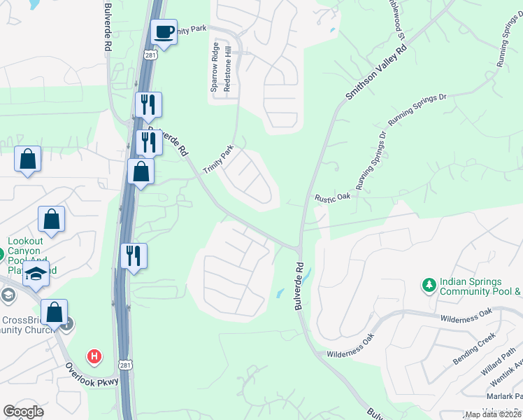map of restaurants, bars, coffee shops, grocery stores, and more near 2631 Tuscan Oaks in San Antonio