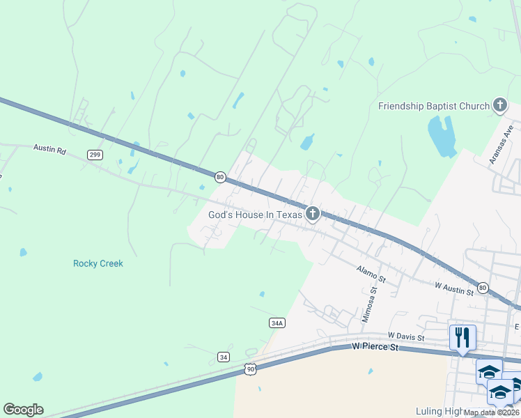 map of restaurants, bars, coffee shops, grocery stores, and more near 626 West Austin Street in Luling