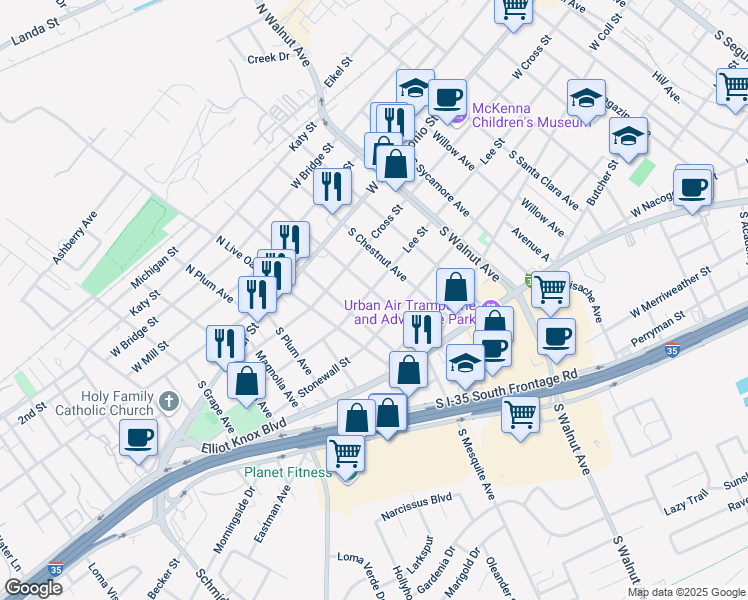 map of restaurants, bars, coffee shops, grocery stores, and more near 328 South Mesquite Avenue in New Braunfels