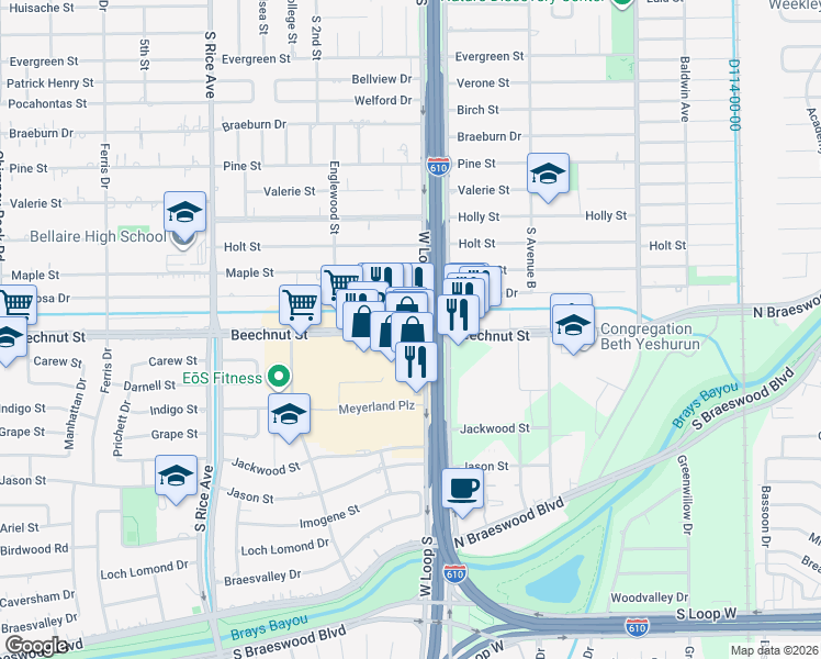 map of restaurants, bars, coffee shops, grocery stores, and more near 4712 Beechnut Street in Houston