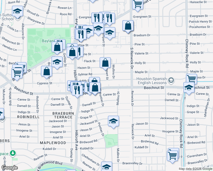 map of restaurants, bars, coffee shops, grocery stores, and more near 5566 Beechnut Street in Houston