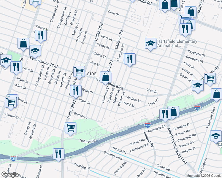 map of restaurants, bars, coffee shops, grocery stores, and more near 6707 Liverpool Street in Houston