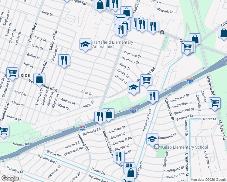 map of restaurants, bars, coffee shops, grocery stores, and more near 5227 Kelso Street in Houston