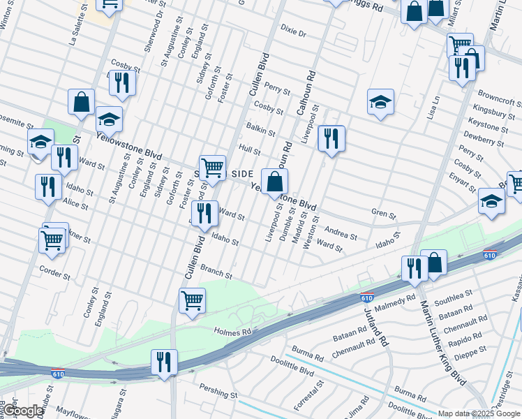 map of restaurants, bars, coffee shops, grocery stores, and more near 6722 Calhoun Road in Houston