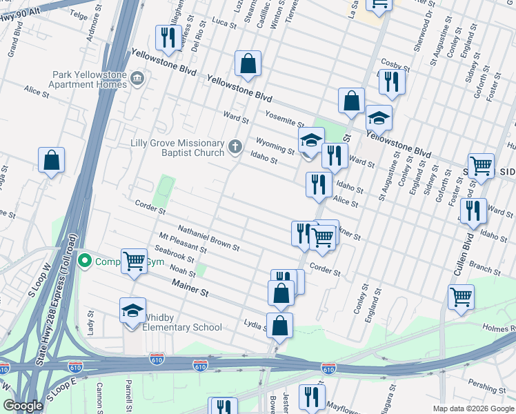 map of restaurants, bars, coffee shops, grocery stores, and more near 3714 Faulkner Street in Houston