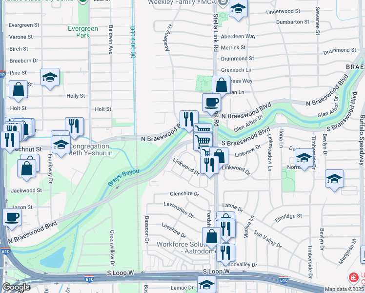 map of restaurants, bars, coffee shops, grocery stores, and more near 4042 South Braeswood Boulevard in Houston