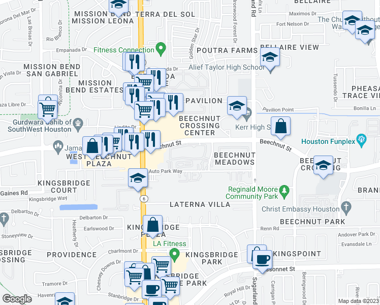 map of restaurants, bars, coffee shops, grocery stores, and more near 14551 Beechnut Street in Houston