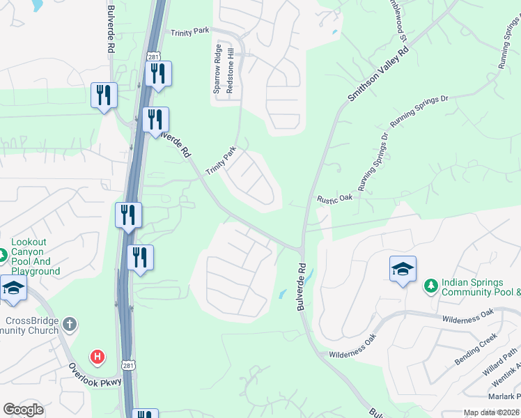 map of restaurants, bars, coffee shops, grocery stores, and more near 2631 Tuscan Park in San Antonio