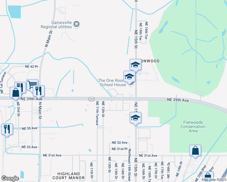 map of restaurants, bars, coffee shops, grocery stores, and more near 1330 Northeast 39th Avenue in Gainesville