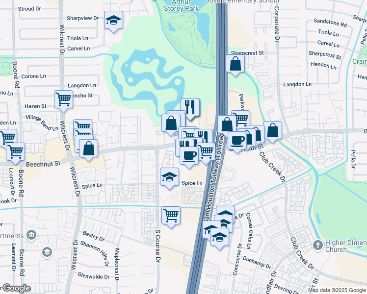 map of restaurants, bars, coffee shops, grocery stores, and more near 10185 Beechnut Street in Houston