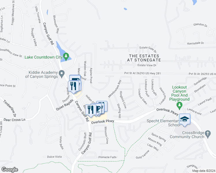 map of restaurants, bars, coffee shops, grocery stores, and more near 1534 Alpine Pond in San Antonio