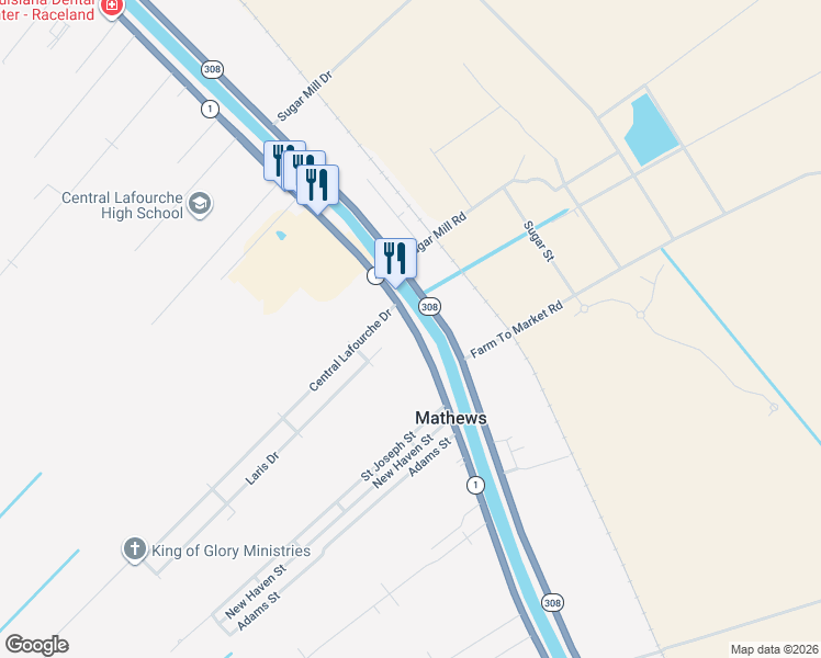 map of restaurants, bars, coffee shops, grocery stores, and more near 4930 Louisiana 1 in Raceland