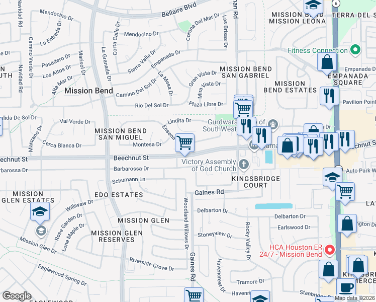 map of restaurants, bars, coffee shops, grocery stores, and more near 15318 Beechnut Street in Houston