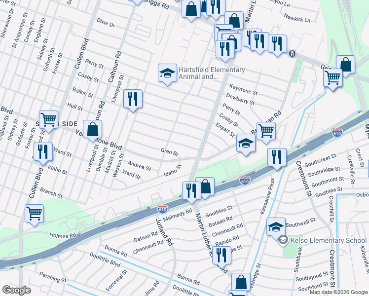 map of restaurants, bars, coffee shops, grocery stores, and more near 5130 Hull Street in Houston