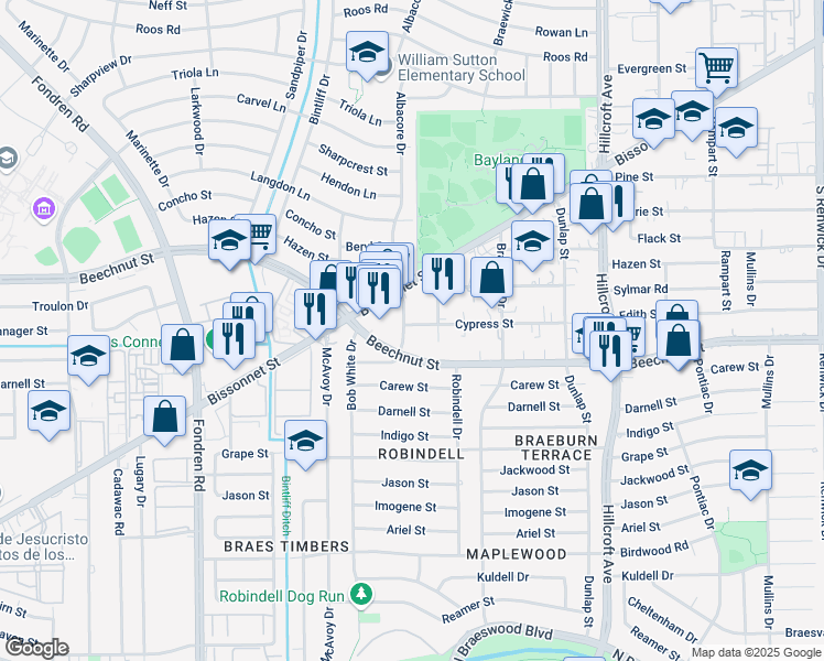 map of restaurants, bars, coffee shops, grocery stores, and more near 8303 Albacore Drive in Houston