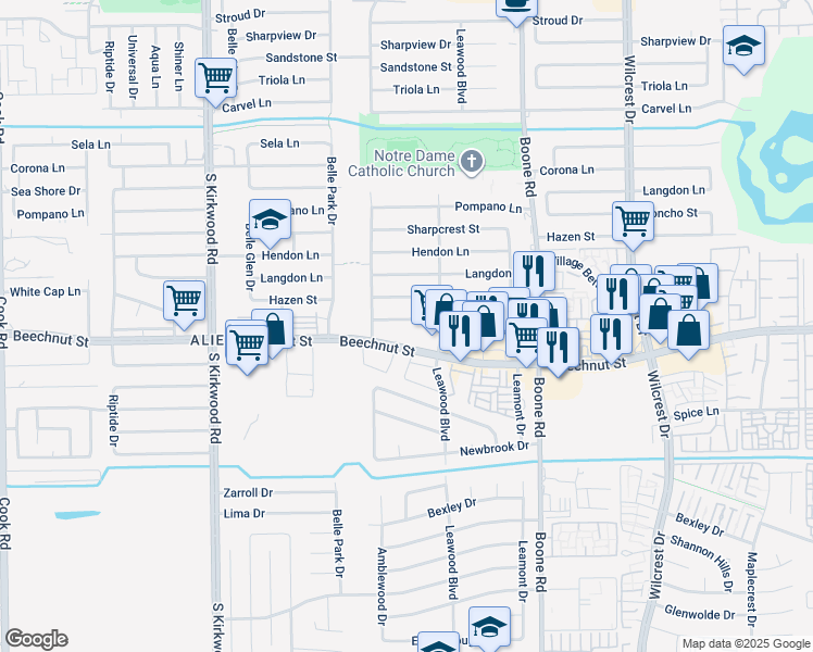 map of restaurants, bars, coffee shops, grocery stores, and more near 11403 Hazen Street in Houston