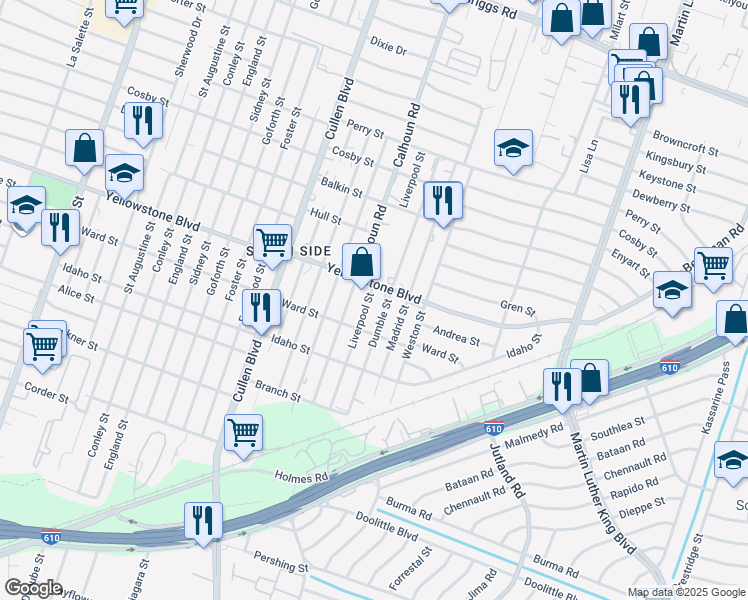 map of restaurants, bars, coffee shops, grocery stores, and more near 6707 Liverpool Street in Houston